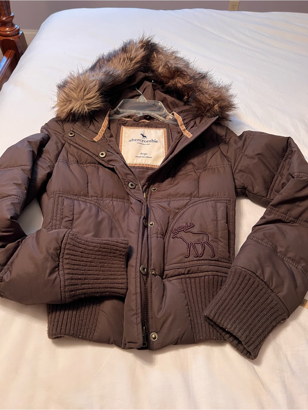 Abercrombie & Fitch Chocolate Brown Quilted Puffer Jacket with Faux Fur Trim YL